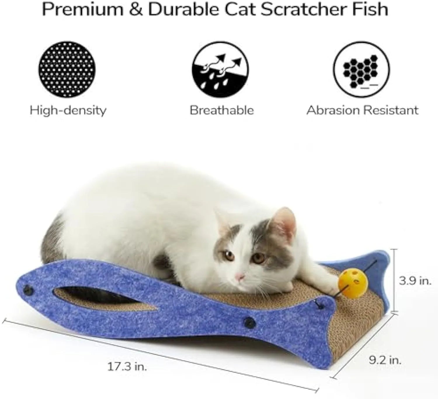 Blue fish-shaped cardboard cat scratcher lounge with bell ball toys on elastic cord