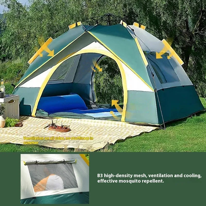 Dark green and silver automatic pop-up camping tent pitched outdoors.