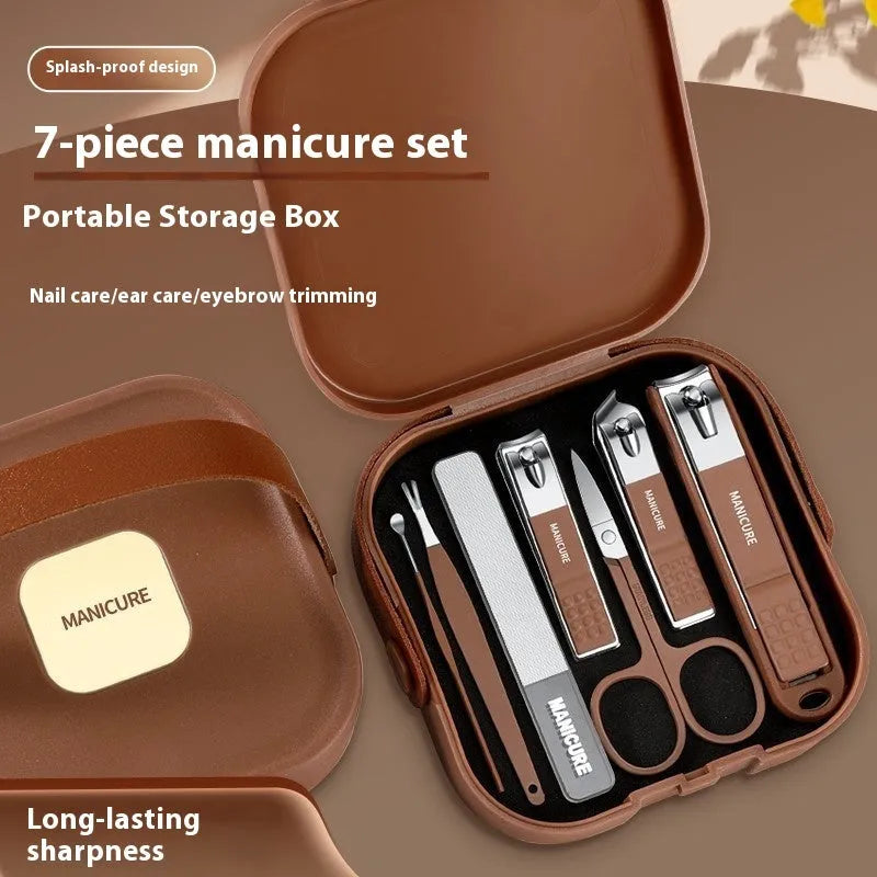 Portable manicure kit with anti-splash design containing stainless steel nail tools in multiple colours