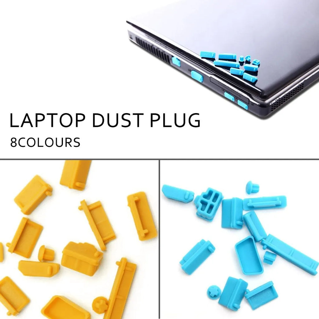 13-piece silicone dust plug set for laptop ports in multiple colours including transparent and black