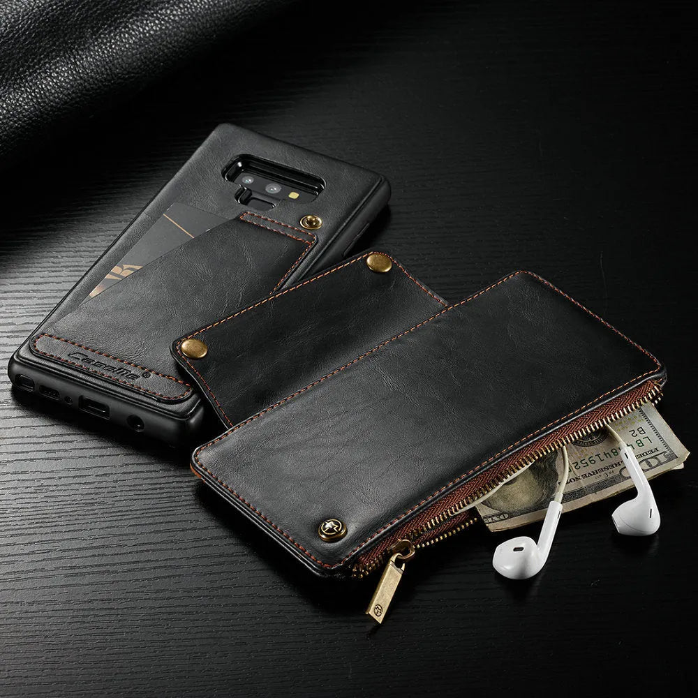 Black PU leather flip phone case for SAMSUNG Note9 showing front and back views