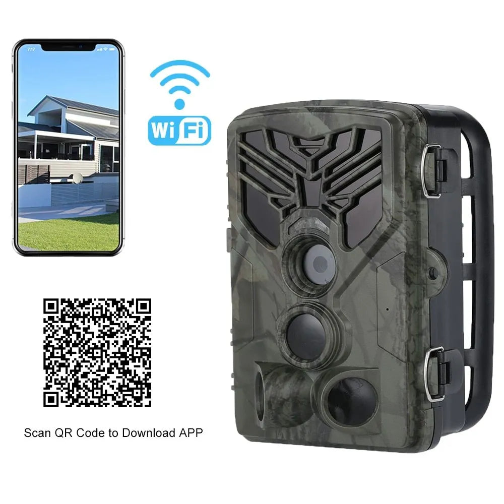 Wifi830 model Wi-Fi enabled trail camera with camouflage finish on a tree branch