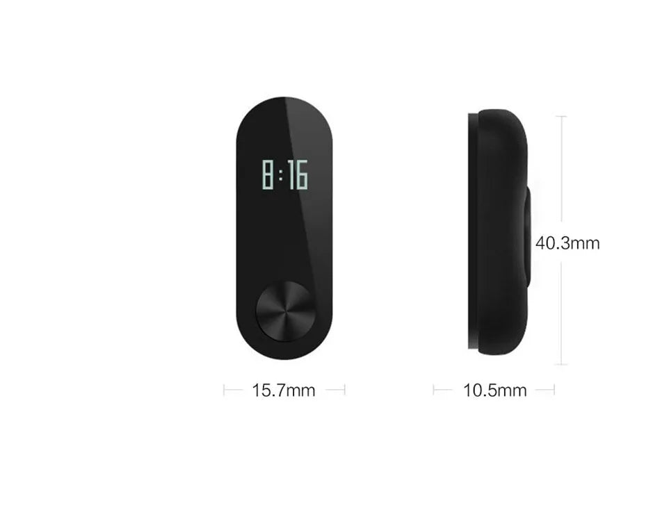 Xiaomi Mi Band 2 black fitness tracker on wrist showing OLED display with heart rate reading.