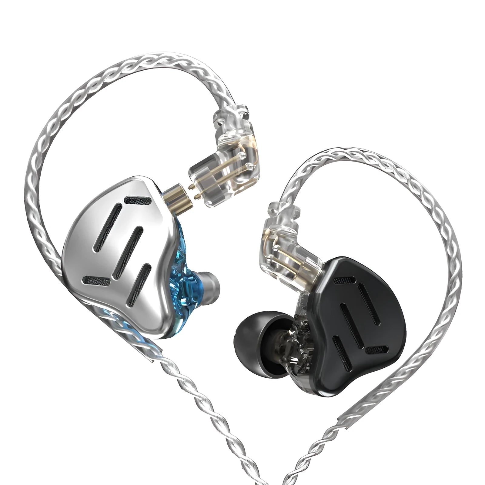 KZ ZAX black and silver blue in-ear headphones with 3.5mm L-bend plug and optional microphone.