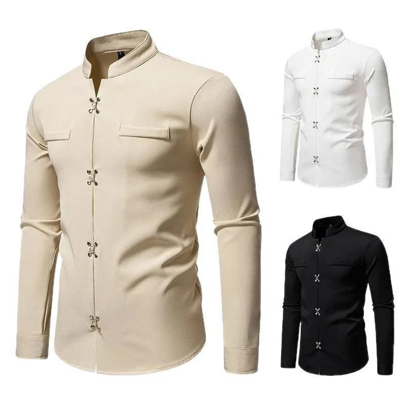 Men's long-sleeved polyester casual shirt in black, white, and khaki colours, slim fit, cardigan style