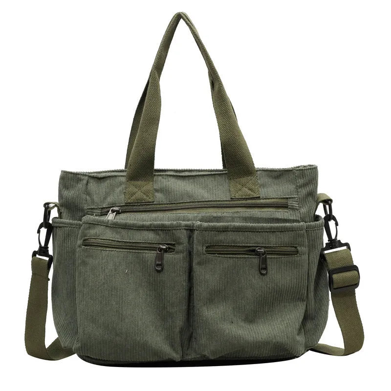 Large capacity women's simple shoulder messenger bag in soft corduroy, horizontal square shape, beige colour, 37x25x14cm