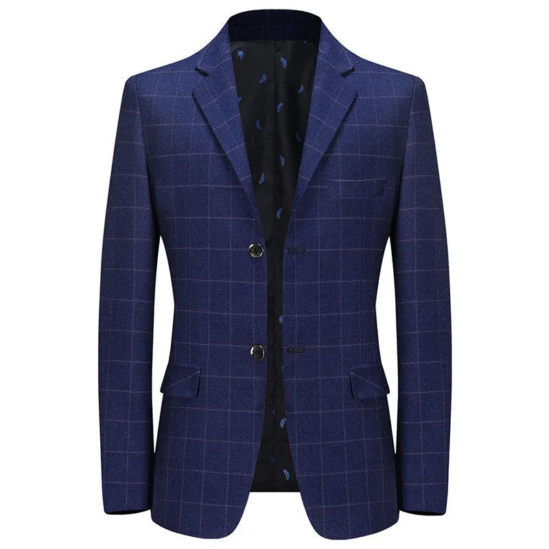 Men's plaid leisure suit coat, loose fit, dimensional patch pocket, long sleeves, blue colour, front view