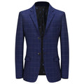 Men's plaid leisure suit coat, loose fit, dimensional patch pocket, long sleeves, blue colour, front view