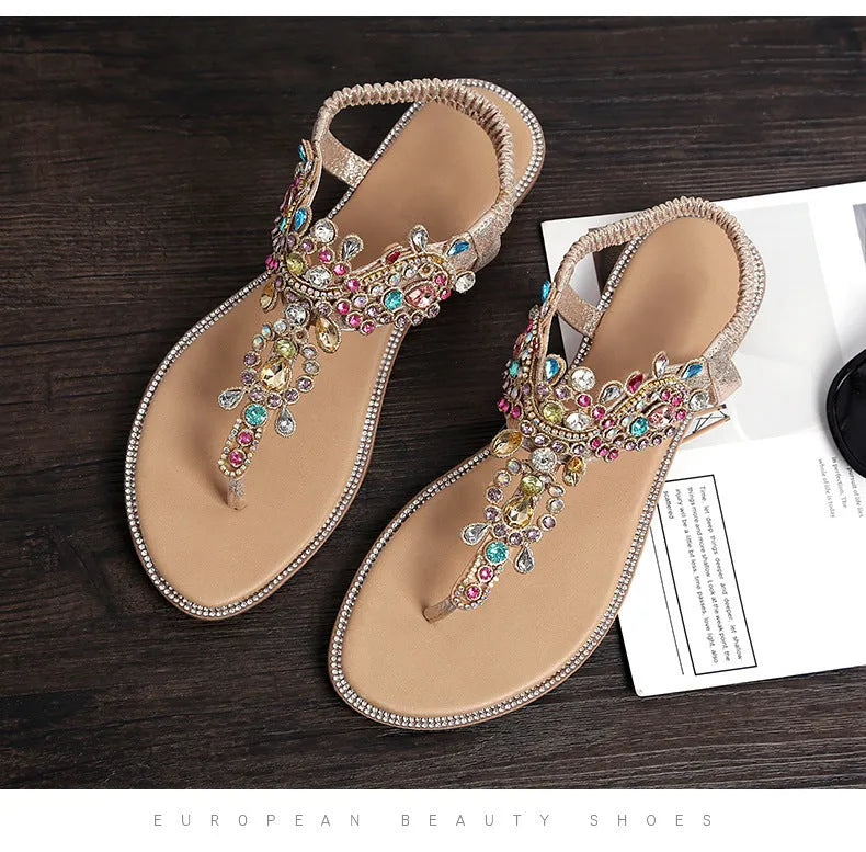 Gold sandals with colourful diamond decorations, low heel 1-3cm, and TPR sole