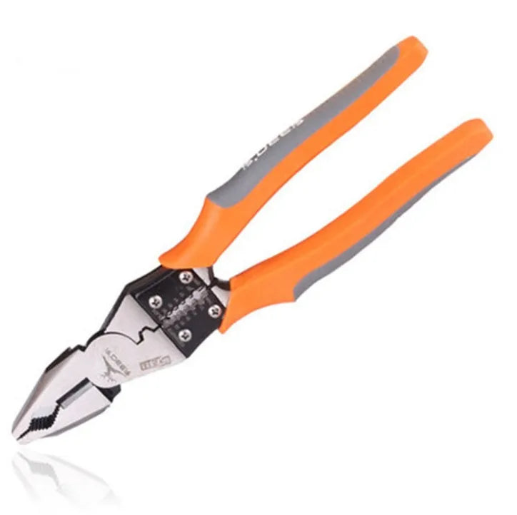 Orange handled multi-function wire cutter pliers with chrome steel head on a workbench.