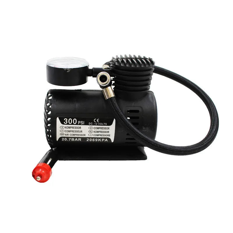 Black plastic 12V mini car air pump for tyre inflation measuring 13.5cm long