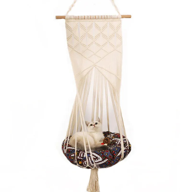 Handmade macrame cotton rope pet swing cage bed in rectangular plain European style for indoor use