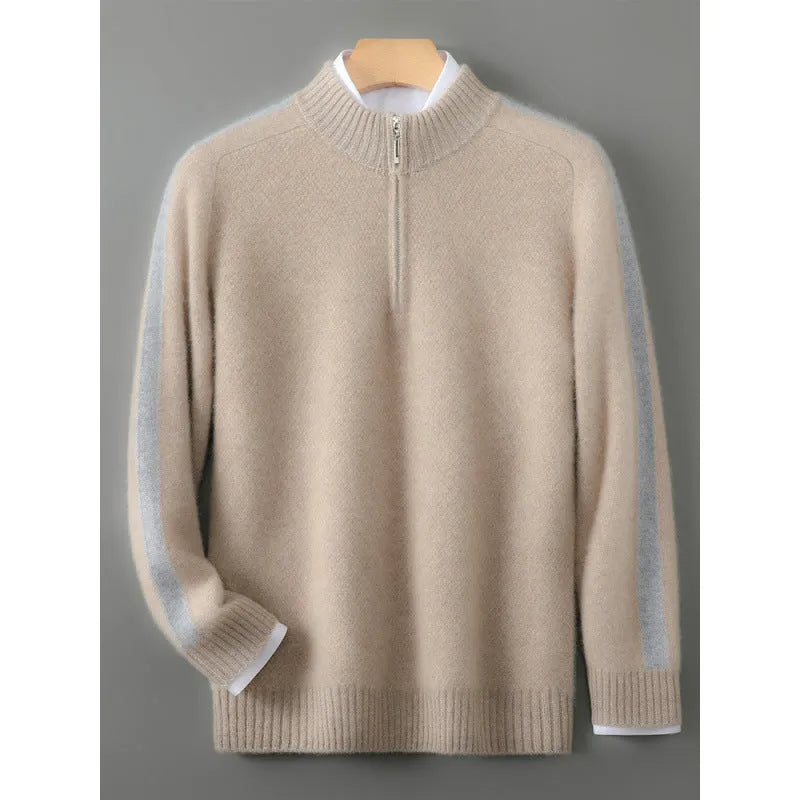 Sheep wool half-zip knitted pullover sweater in slim fit on a hanger.
