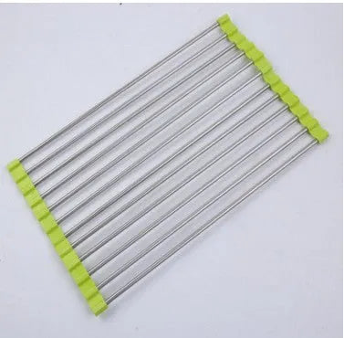 Folding stainless steel and plastic kitchen sink drain rack in blue, shown extended for use and collapsed for storage.