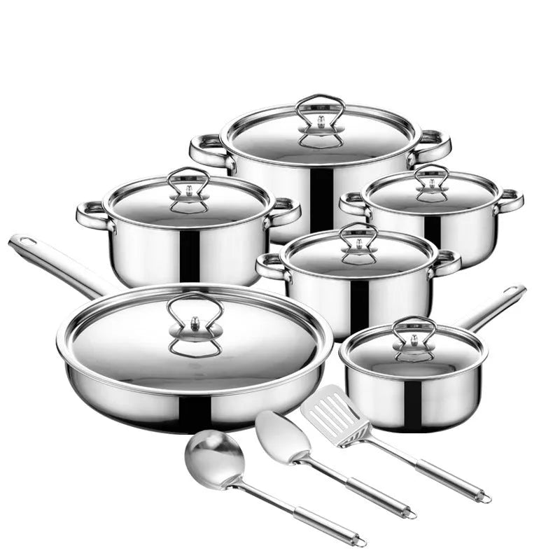 15-piece stainless steel cookware set with non-stick pans and glass lids on a kitchen counter