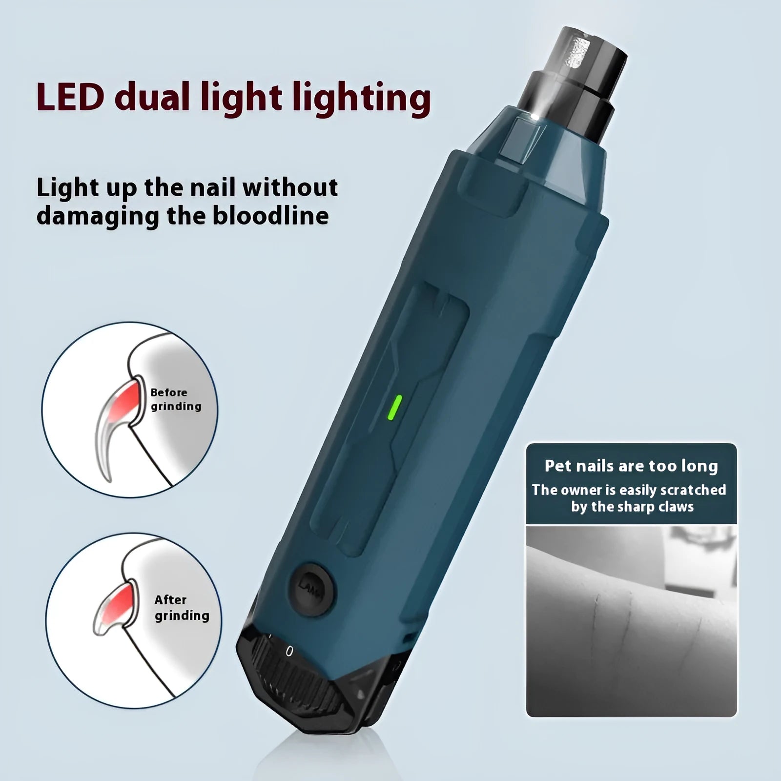 Dark blue USB-powered pet nail grinder with 6-speed rotary knob and LED light