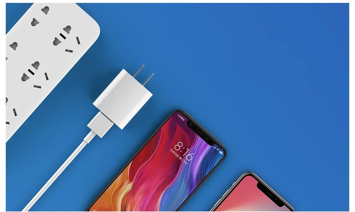 Mi USB fast charger in white, USB-A wall adapter, 62.5 x 39.2 x 21.8mm, model MDY-08-EH