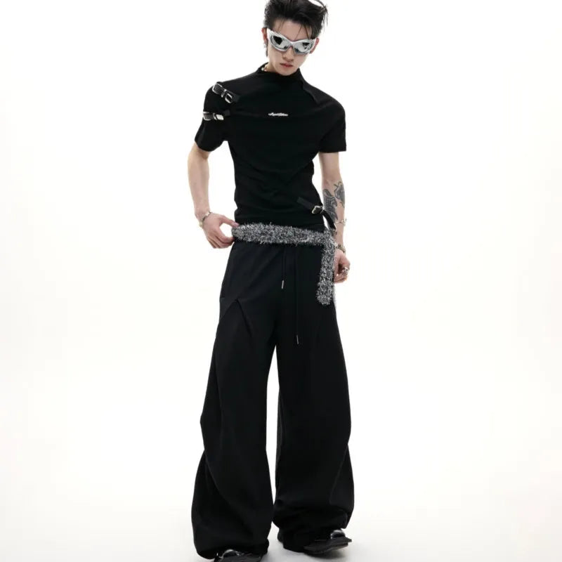 Men's slim fit cotton T-shirt with metal belt design and small stand-up collar in black and white options