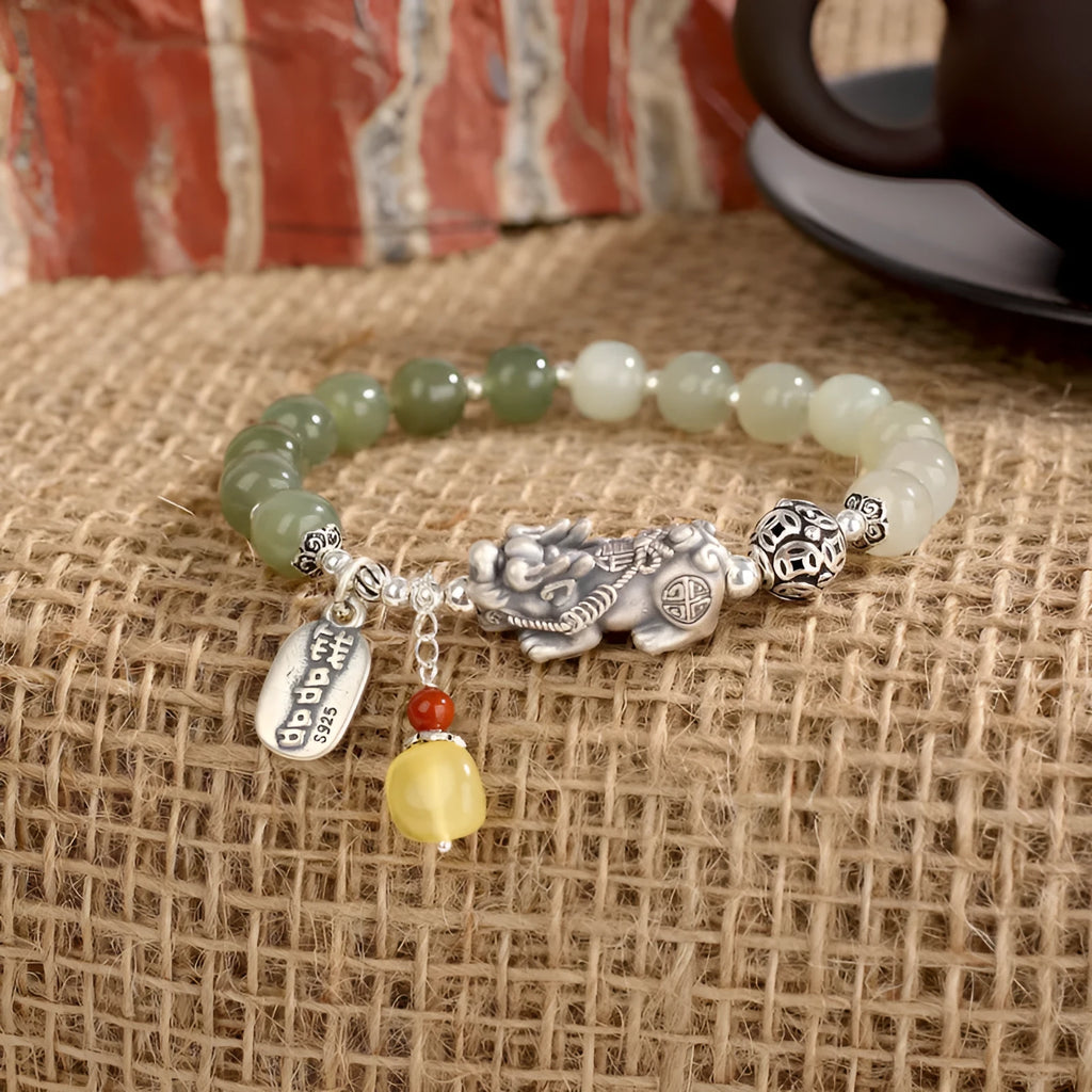 Women's pure silver coin bracelet with natural Hetian jade beads in retro style