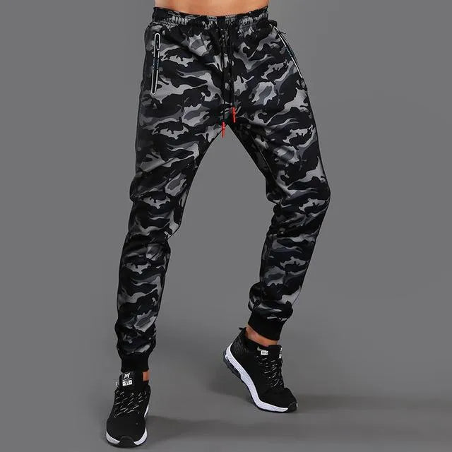 Mens camouflage polyester fibre casual sports long pants in black grey colour
