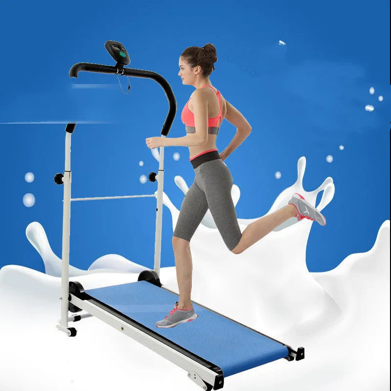 Multi-purpose folding walking machine in grey with compact dimensions, foldable frame, and contact heart rate sensors on handlebars
