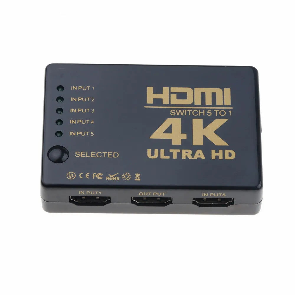 Black 5-in-1 HDMI switcher with remote control suitable for HDTV and high-definition devices