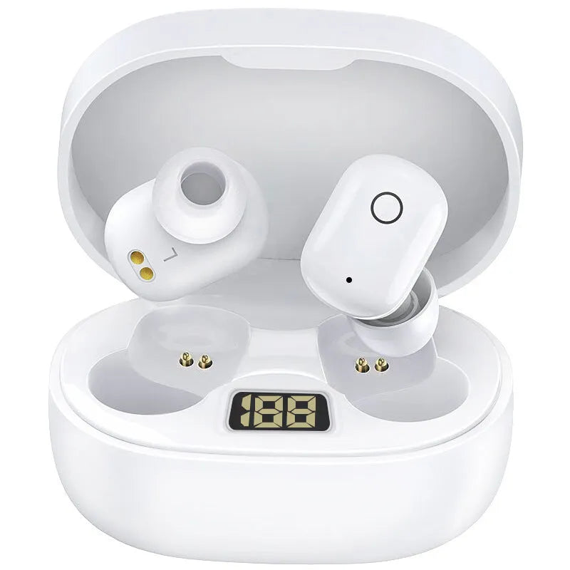 Bluetooth headset with charging box showing true power display window, available in black and white