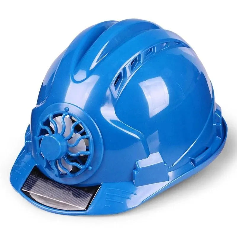 PE sunshade helmet with solar fan for construction site sun protection, shown in blue, red, white or yellow