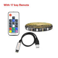 Flexible LED strip light bent into shape, showing individual beads and adhesive backing, next to a TV remote.