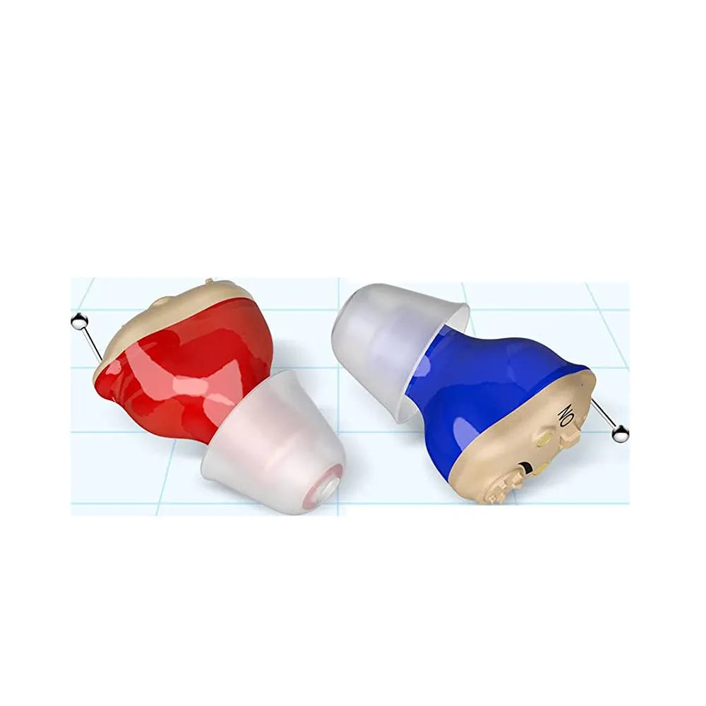 TWS G19 sound amplifier in Red Blue colour with charging silo, silicone ear tips, wireless charging action.