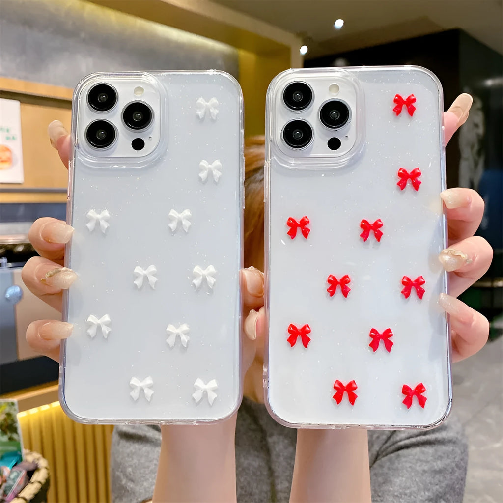 Epoxy glitter bow silicone phone case for iPhone 16 Pro Max in white