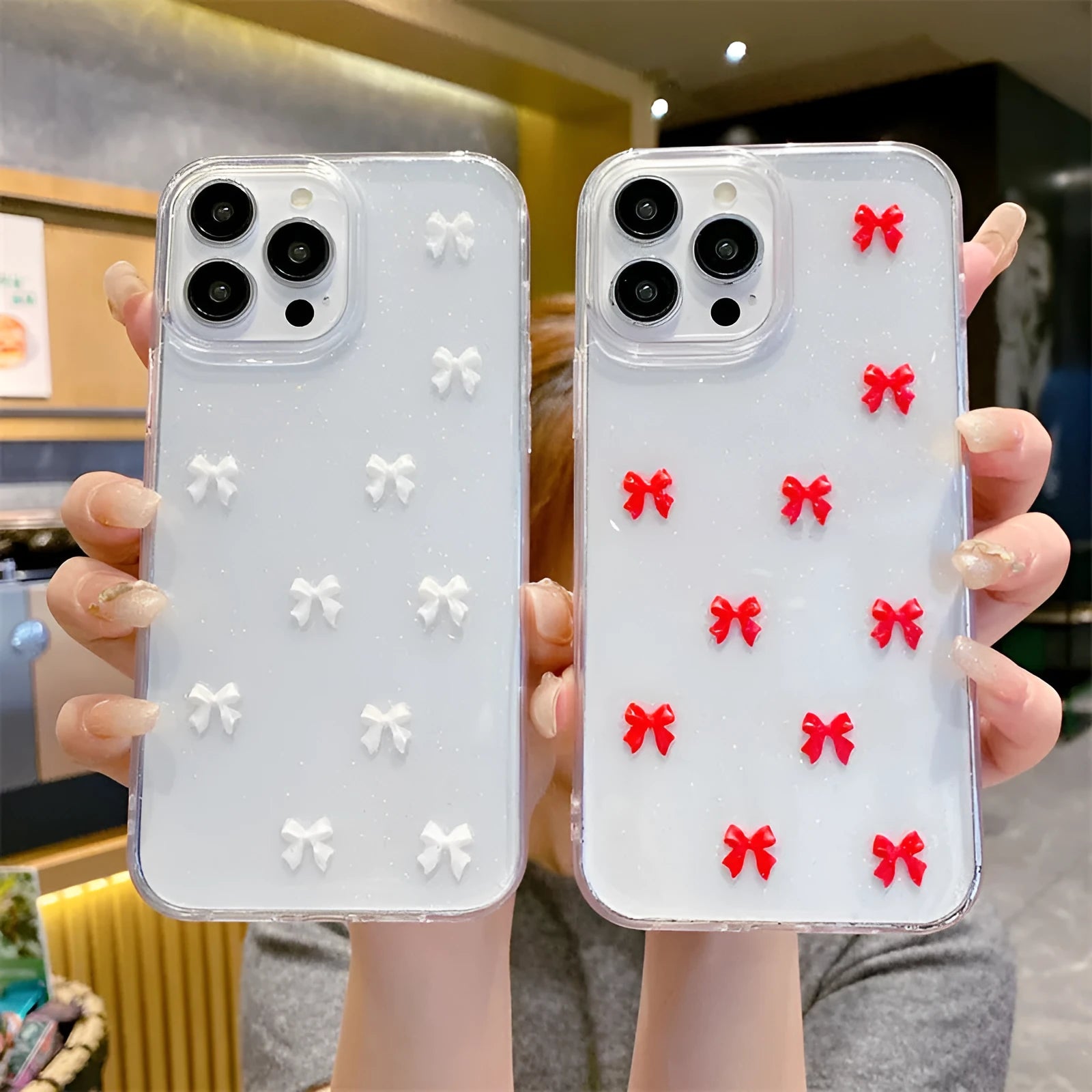 Epoxy glitter bow silicone phone case for iPhone 16 Pro Max in white
