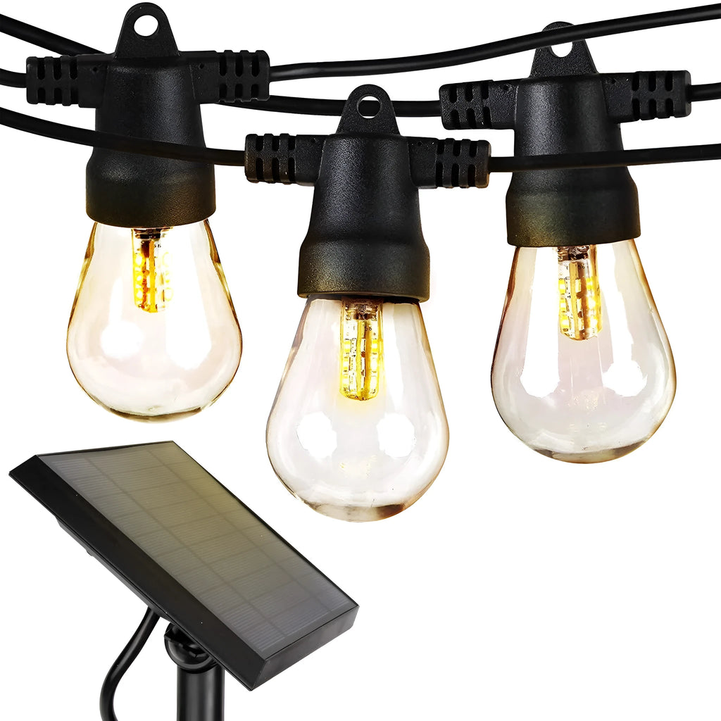 Waterproof solar-powered LED string lights with PVC shell for outdoor garden and patio use.