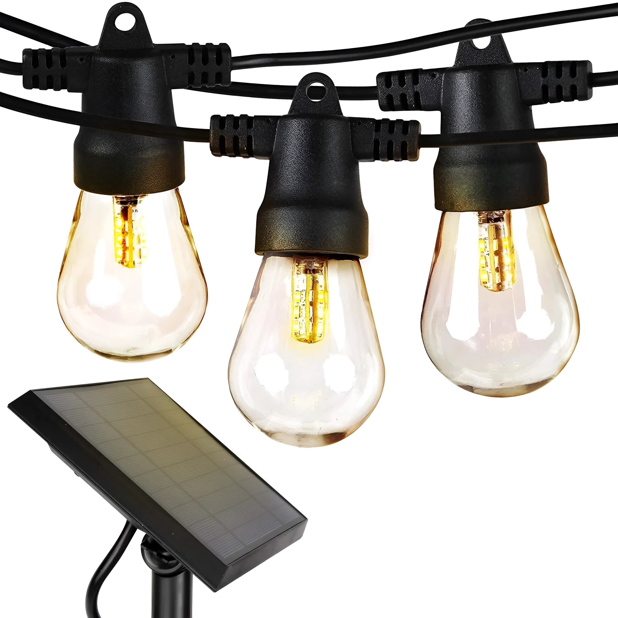 Waterproof solar-powered LED string lights with PVC shell for outdoor garden and patio use.