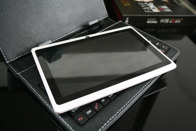 7-inch Android WiFi tablet with dual camera and plastic body, black colour, front view