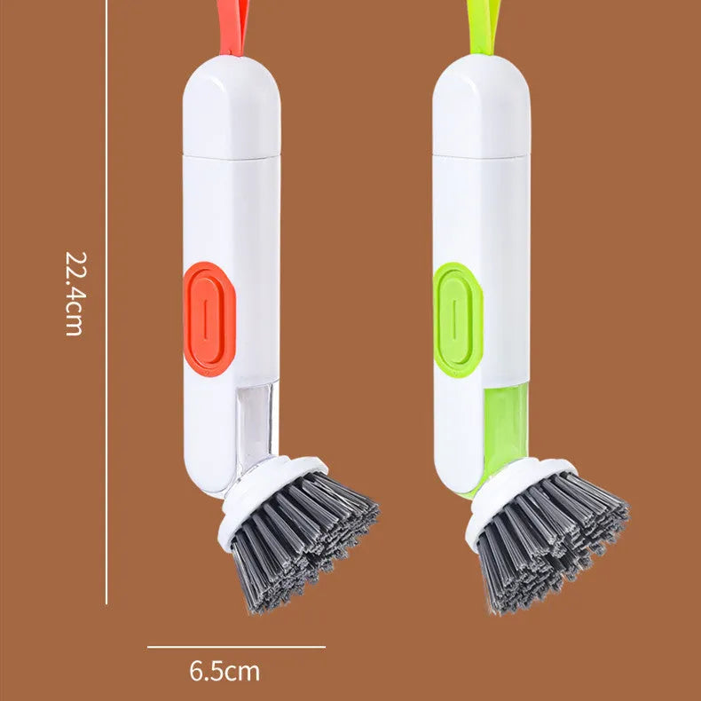 White and red long-handle cleaning brush with liquid dispenser and two brush heads for kitchen use