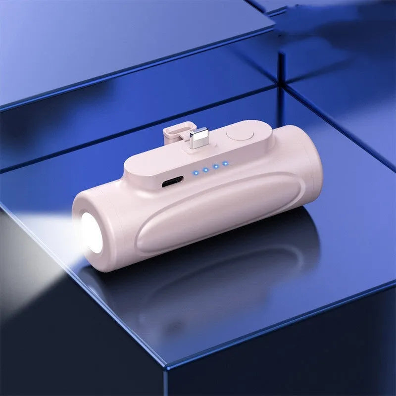 Black Creative Glare Power Bank showing USB-C port and LED flashlight on a compact plastic body.