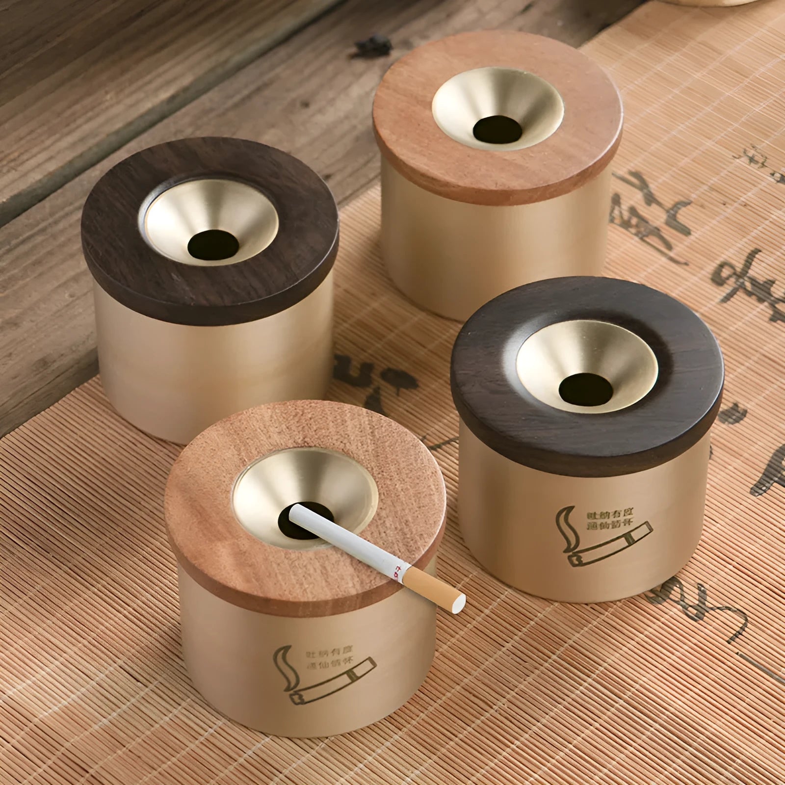 Retro solid copper ashtray with a wooden lid featuring a centre hole, shown with black and red wood options.