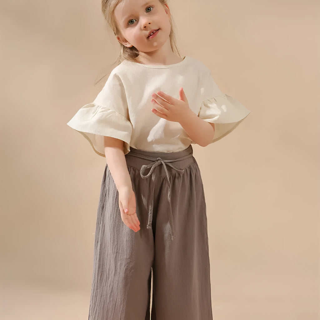 Retro high waist wide leg cropped gray cotton pants for girls