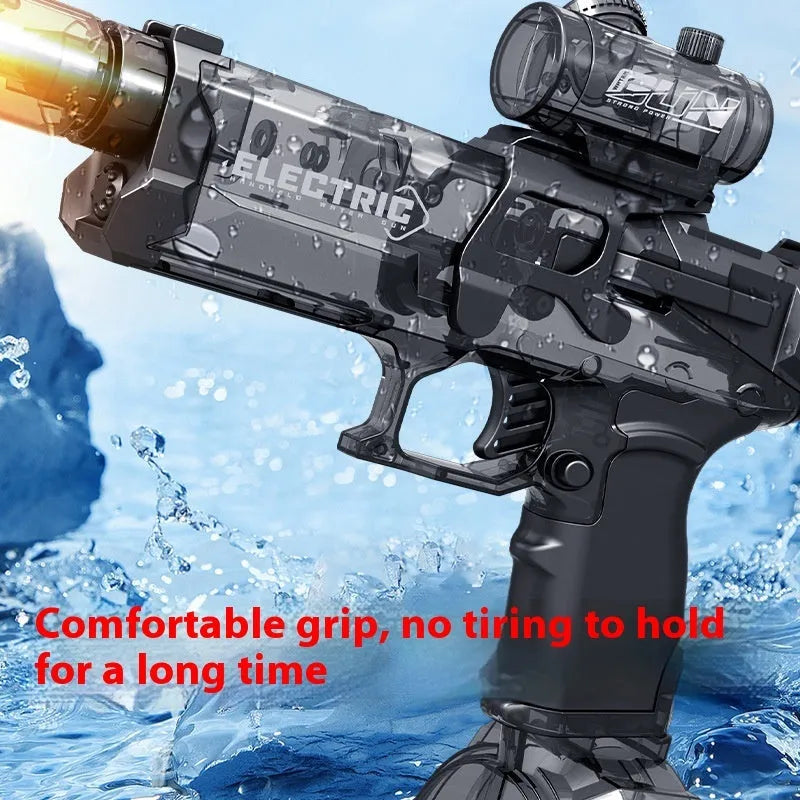 Fire Rat electric water pistol with cool light, automatic spray, black and blue colours, 8-10 metre range