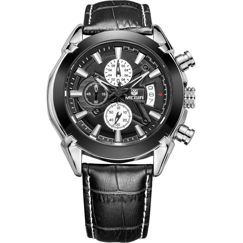 Men's brown and white multifunction quartz watch showing three subdials and luminous hands on a 15mm thick case.