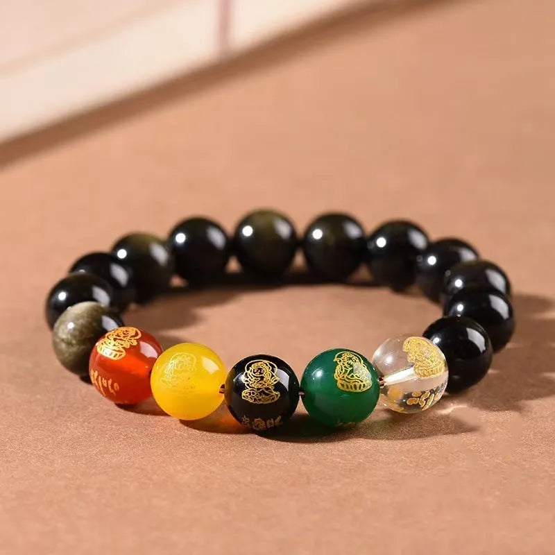 Single Circle Five Gods Of Wealth bracelet with polished rainbow eye obsidian beads in New Chinese style.