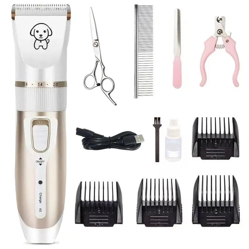 White pet electric clipper with ceramic blade, four combs, brush, and USB cable for dog grooming