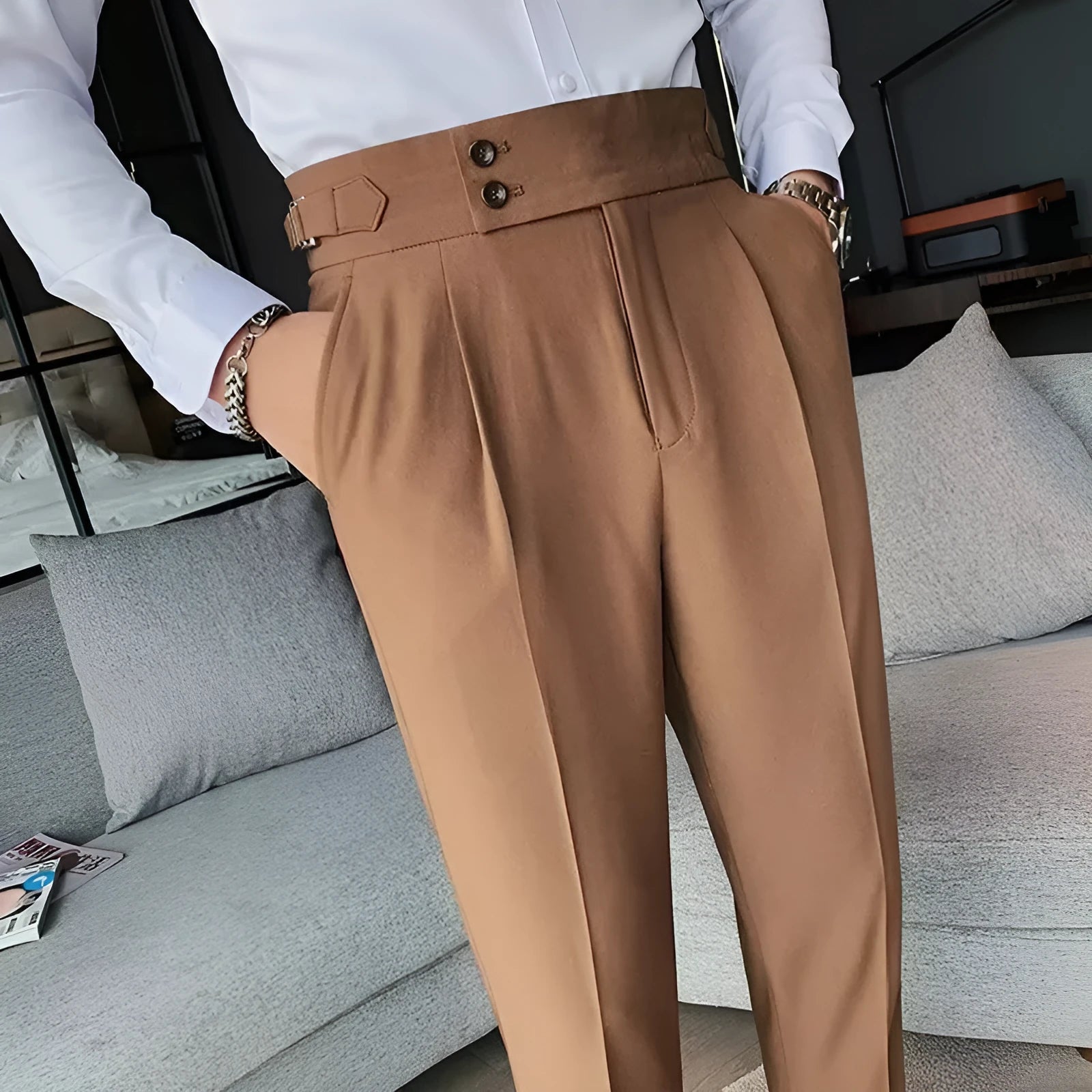 Autumn retro high waist straight casual trousers in cotton blend fabric available in four colours
