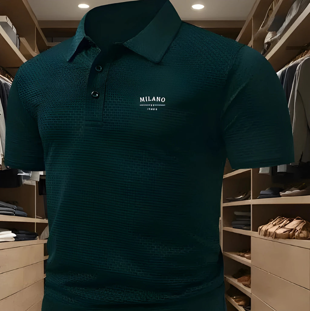 Men's loose fit short-sleeved lapel polo shirt in a solid colour on a model.