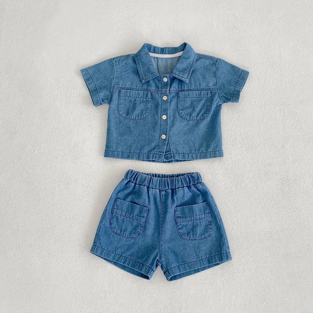 Blue cotton denim baby boy suit with short-sleeve pocket top and boyshorts for summer