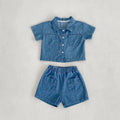 Blue cotton denim baby boy suit with short-sleeve pocket top and boyshorts for summer