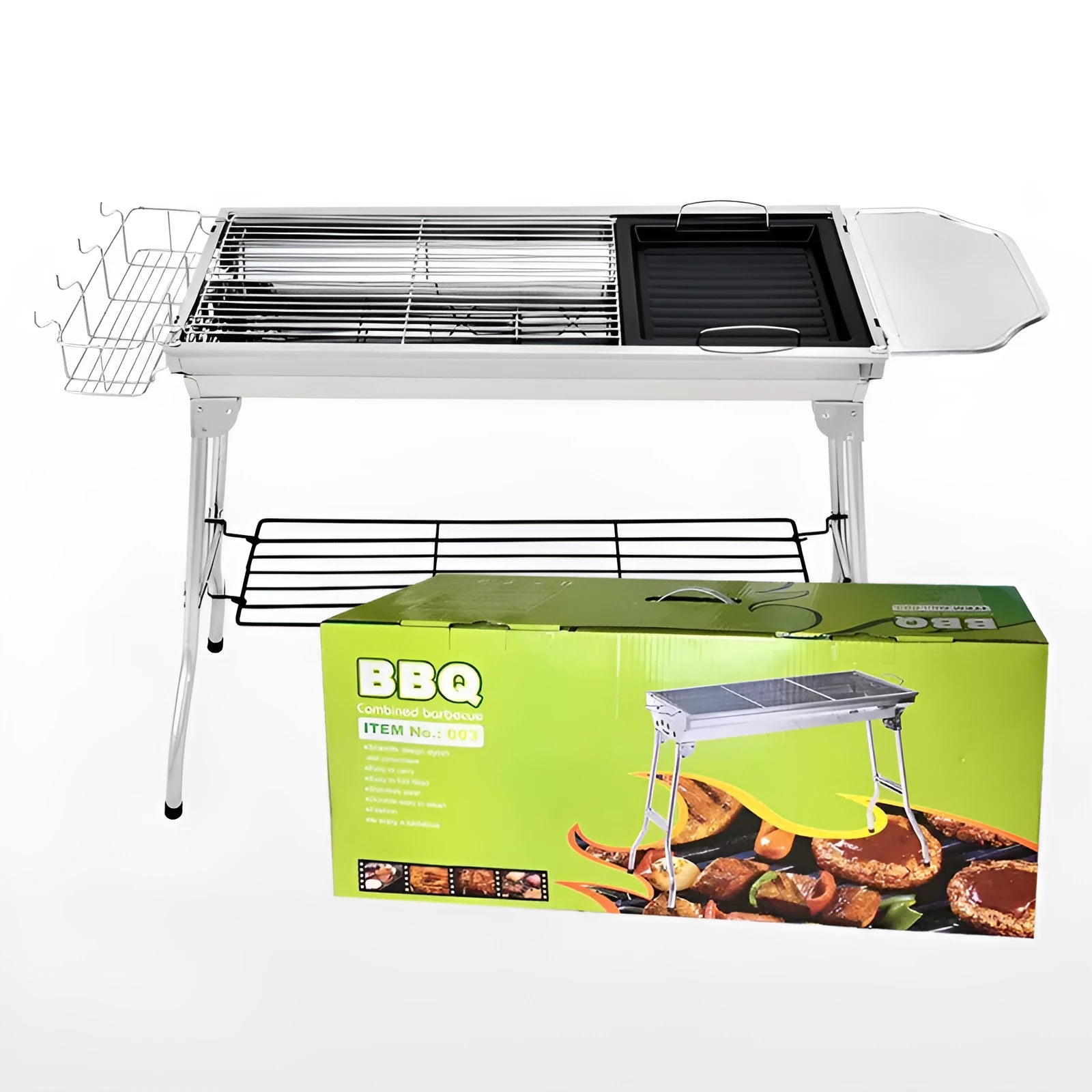 Stainless steel portable folding barbecue oven with cooking grill.