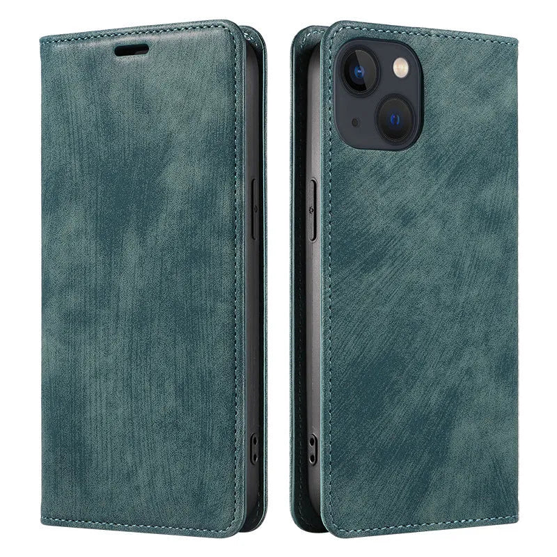 Magnetic flip phone case for iPhone in black, showing closed front cover with leather finish.