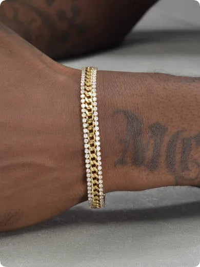 Gold hip hop style unisex tennis bracelet made from titanium steel with gemstone inlays.